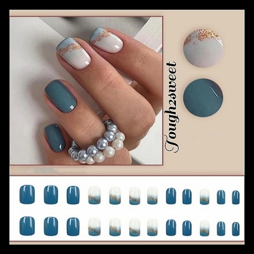 🆕$6 OR 2 FOR $10~HAZE BLUE WITH GOLD GLITTER 24 DESIGNER PRESS-ON NAILS